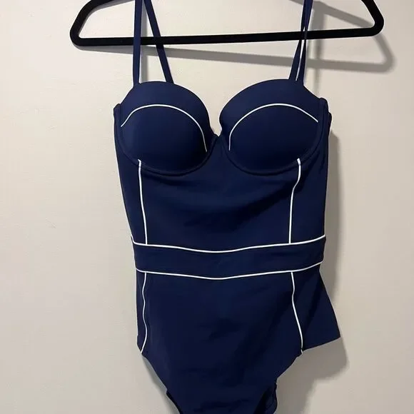 TORY BURCH LIPSI CONTRAST-TRIM ONE-PIECE BEST UNDERWIRE SWIMSUIT Size Medium - Picture 7 of 10